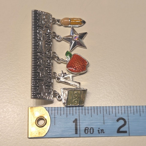 Vintage Silver Tone Teacher Appreciation Pin Brooch Ruler Book Apple Pencil Star - Picture 2 of 3